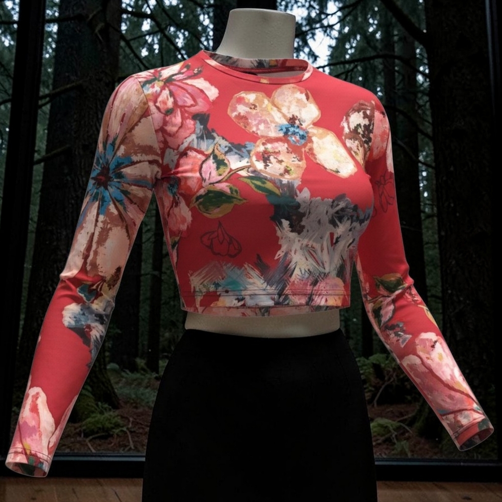 New Saaksha & Kinni Elegant Gigi Long Sleeve Floral Red Crop Top